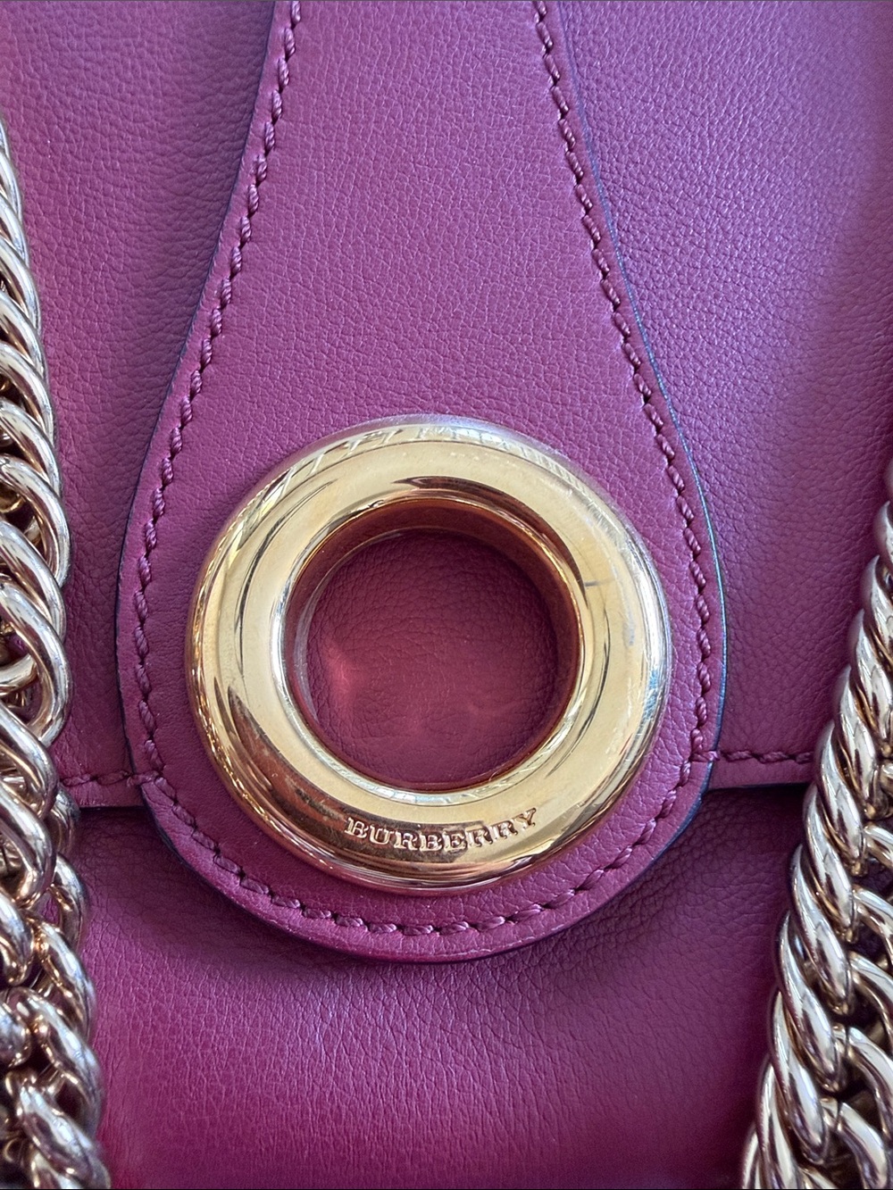 Women's Burgundy Burberry Leather Shoulder Bag with Gold Ring Accent - Picture 8 of 8
